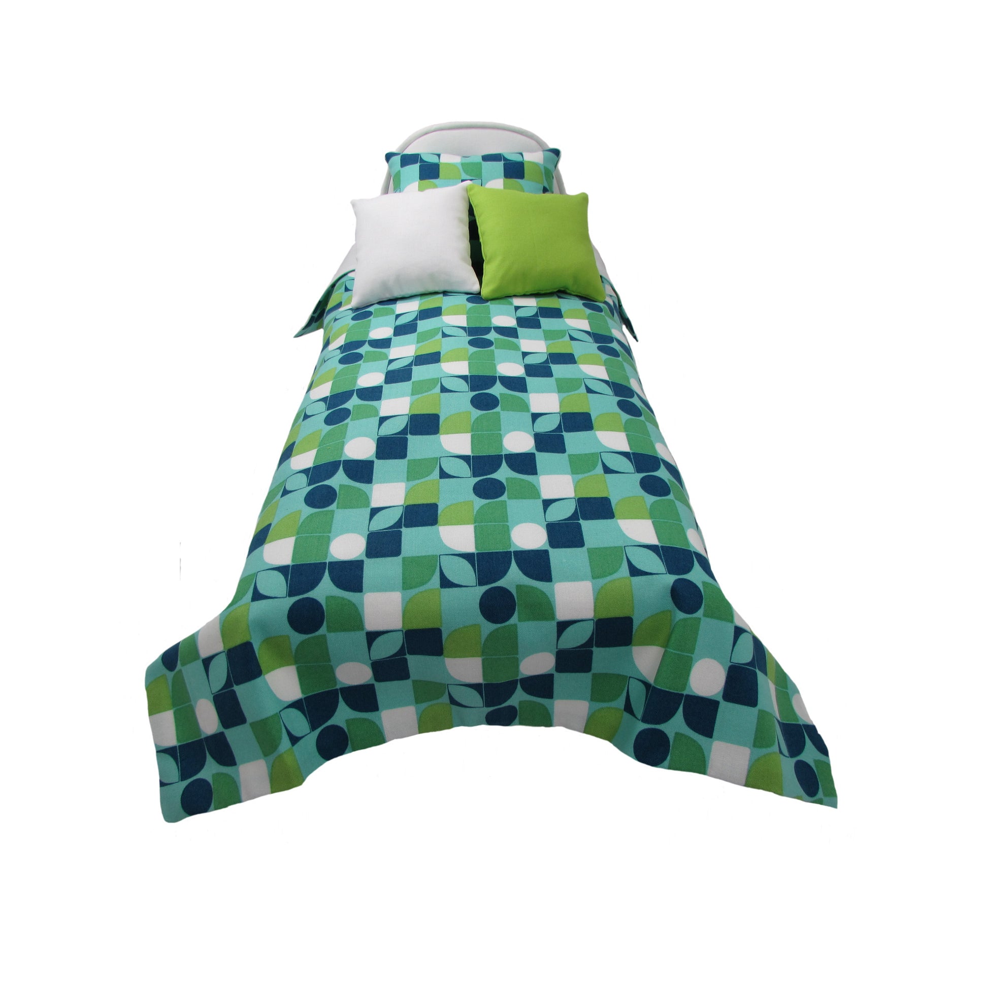 Upholstered White Doll Bed and Geometric Print Doll Bedding for 14.5-inc dolls Second view