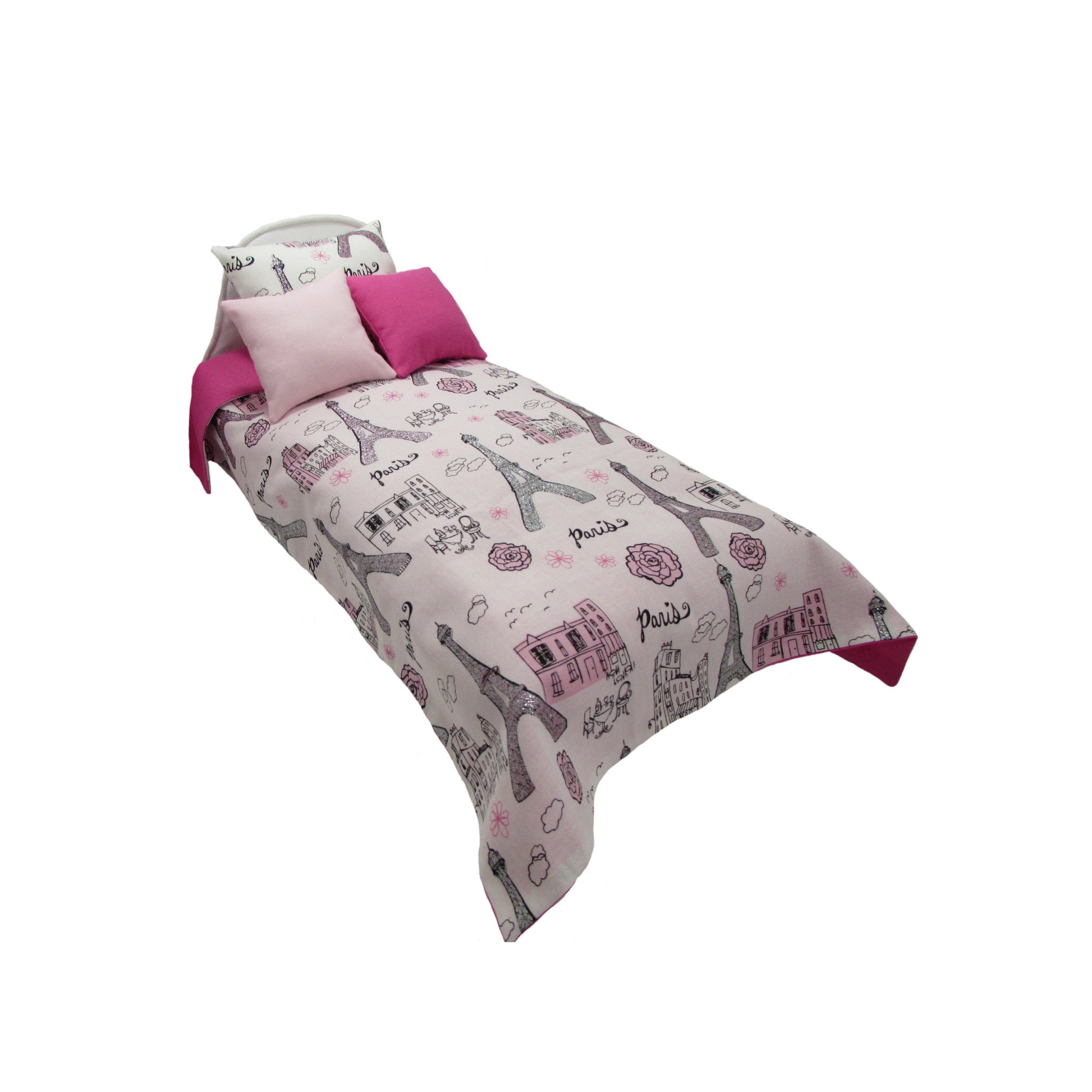 Upholstered White Doll Bed and Paris Doll Bedding for 14.5-inch dolls