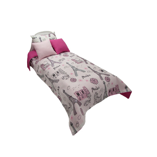 Upholstered White Doll Bed and Paris Doll Bedding for 14.5-inch dolls