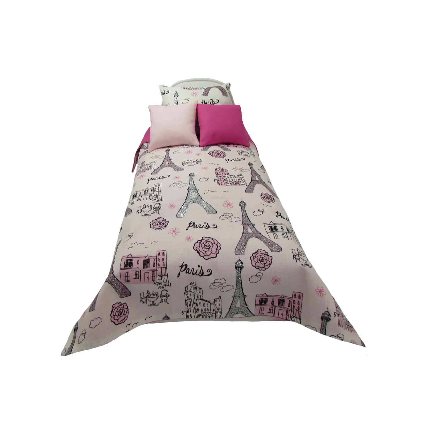 Upholstered White Doll Bed and Paris Doll Bedding for 14.5-inch dolls Second view