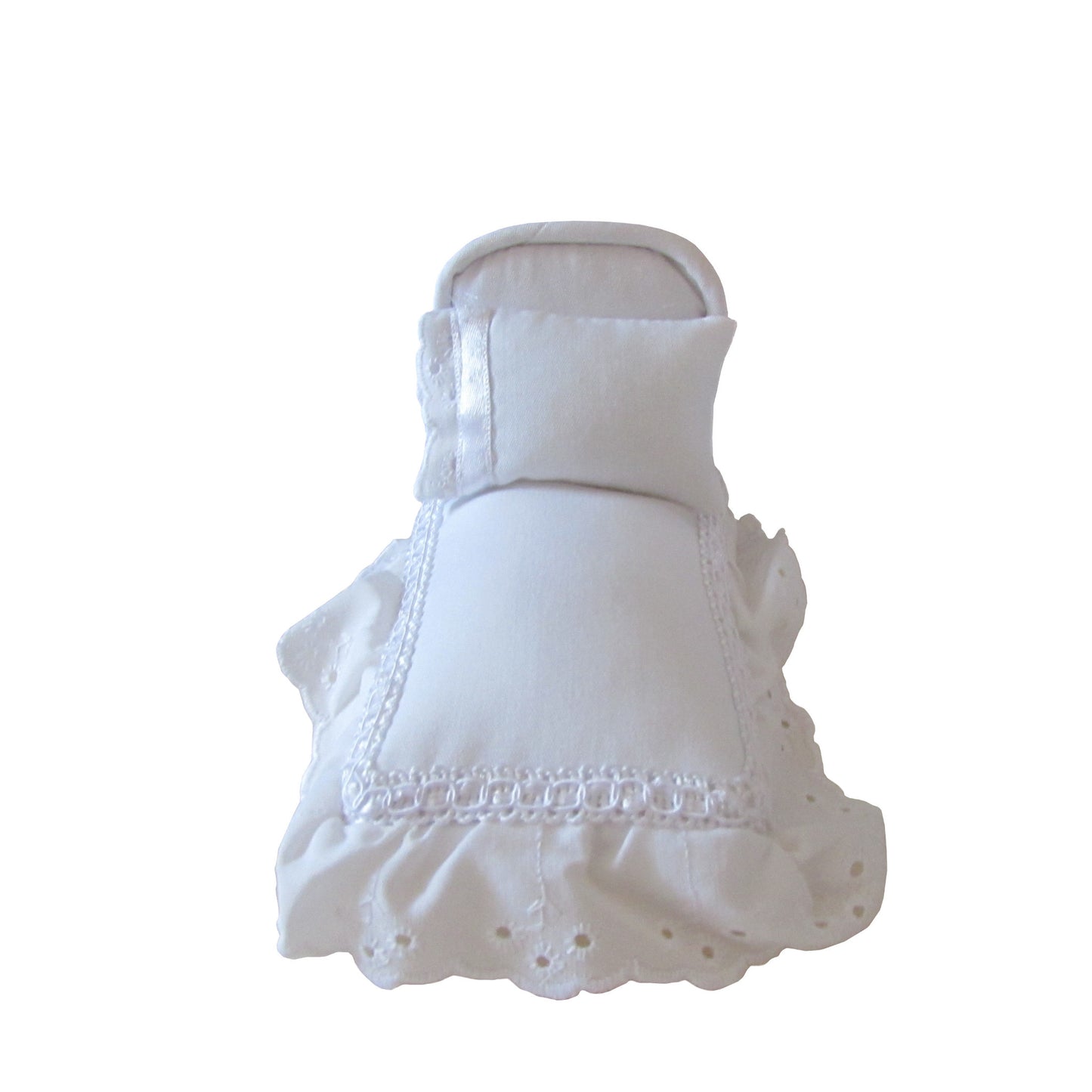 White Pincushion Bed with Lace-Trimmed Bedding Front view