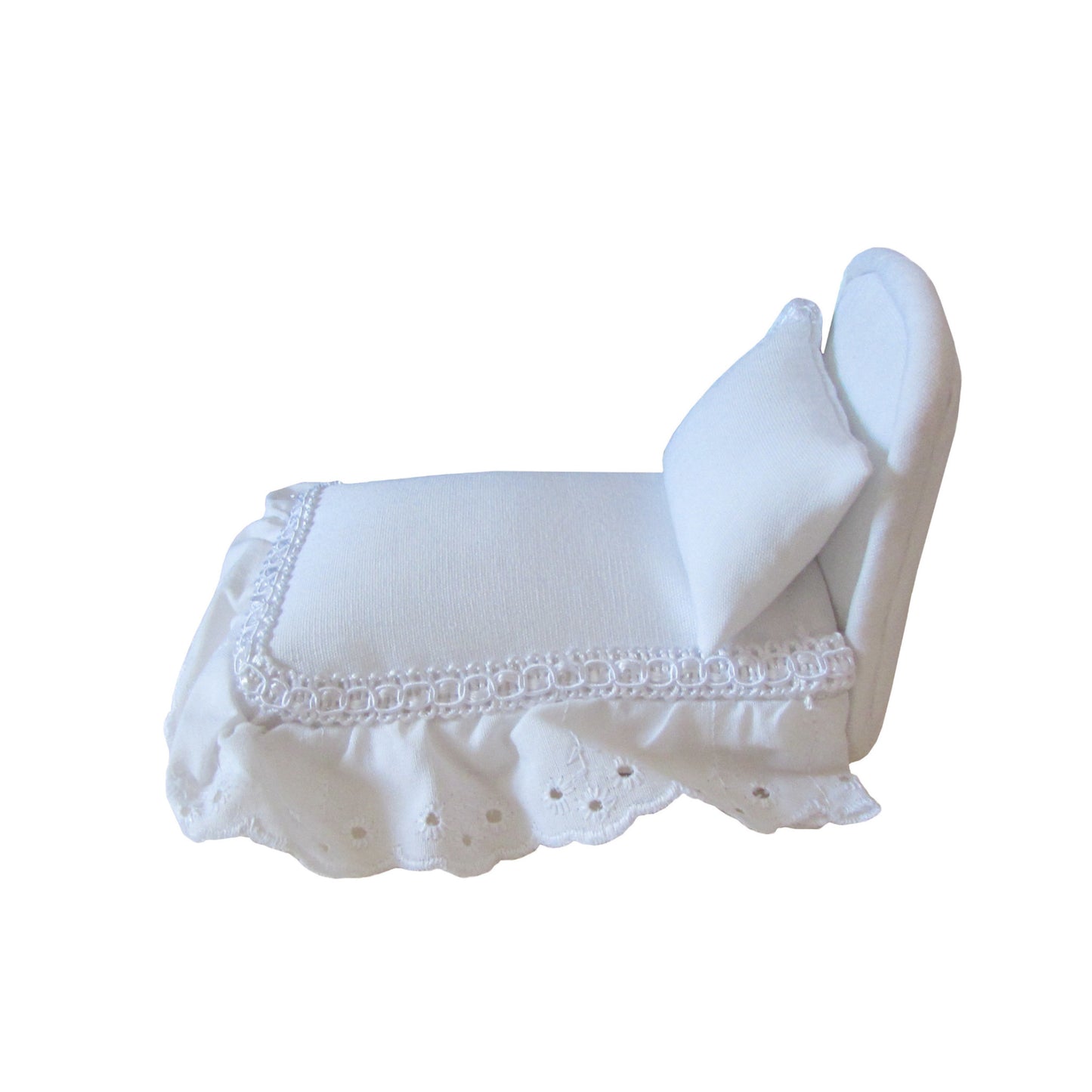 White Pincushion Bed with Lace-Trimmed Bedding Side view 2