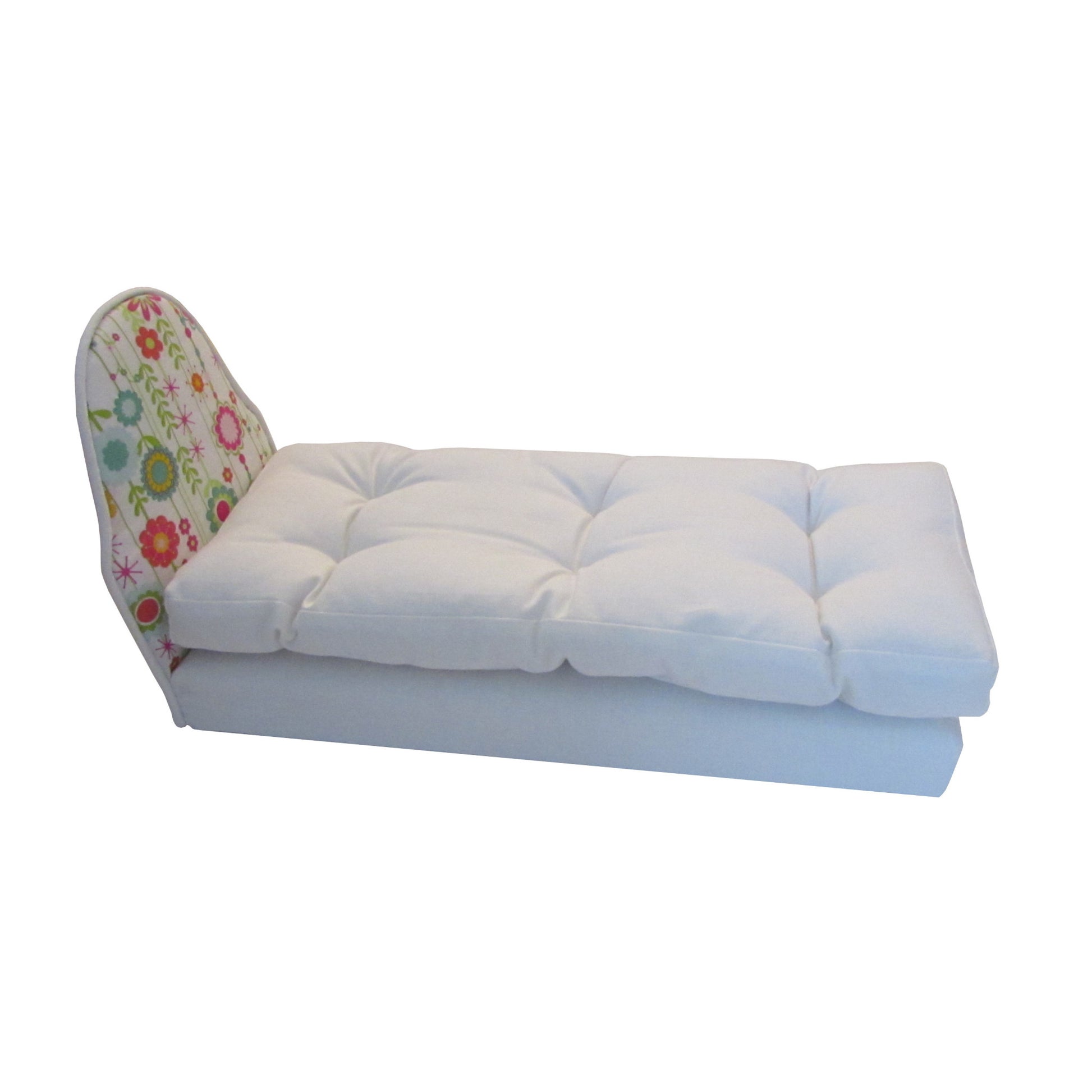White Upholstered Floral Headboard Doll Bed and Mattress for 11.5-inch and 12-inch dolls
