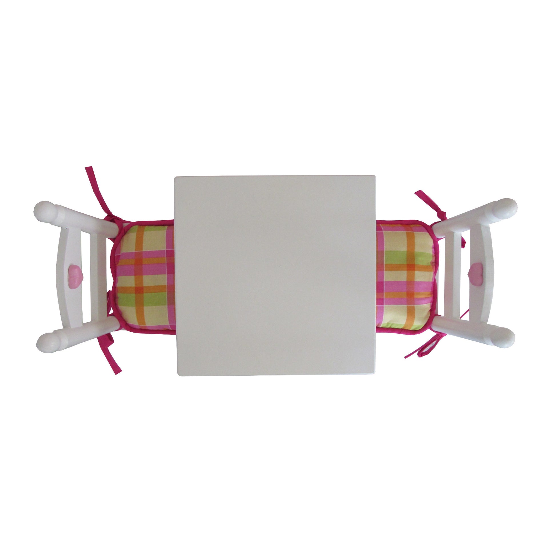 Yellow, Orange, Pink, and Green Plaid Doll Chair Cushions for 18-inch dolls Second view