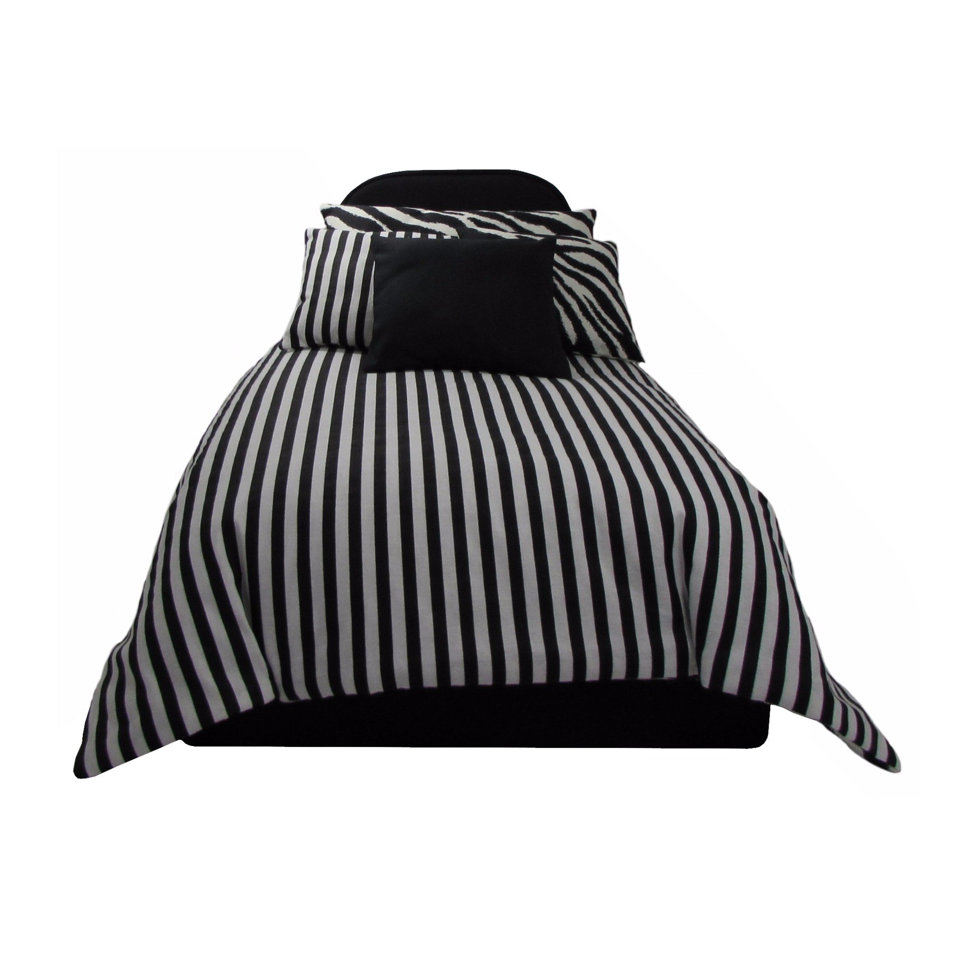 Zebra Doll Pillows, Striped Doll Comforter, and Black Upholstered Doll Bed for 18-inch dolls Second view