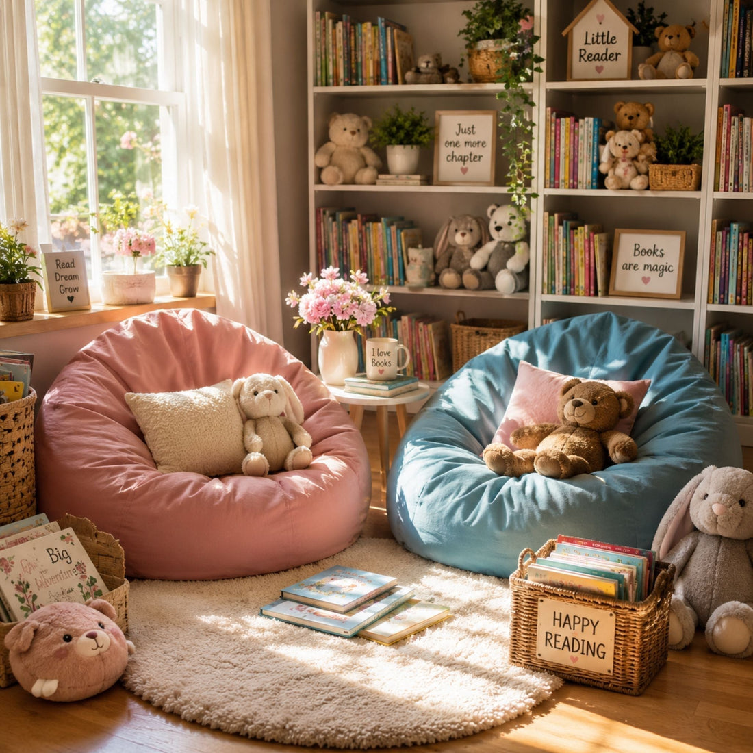 A cozy children's reading nook in sunlight with bean bags, bookshelves, books, pillows, and stuffed toys.