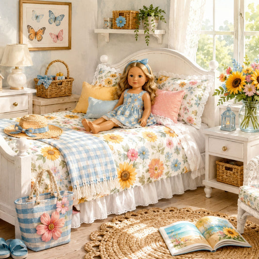 A cozy sunlit doll bedroom in pastel tones.