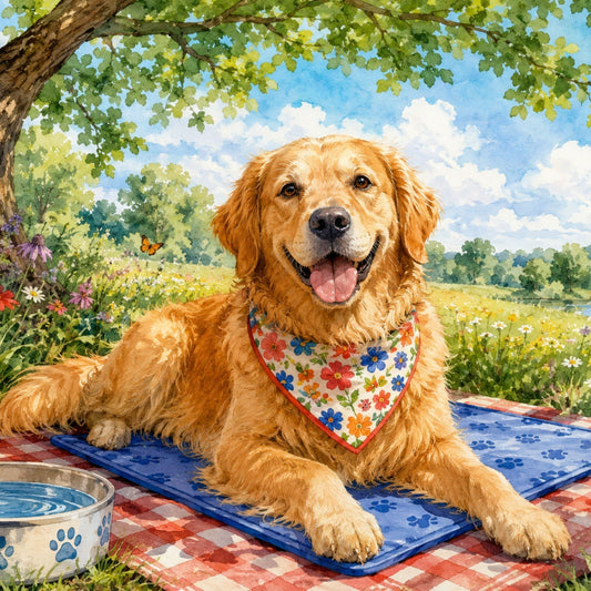 A watercolor illustration of a sunny picnic with a happy dog.