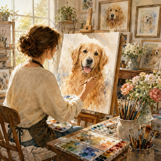 Artist creating a personalized watercolor portrait of a beloved dog.