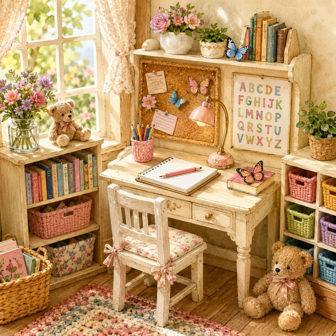 Beautifully organized doll study space with miniature desk, bookshelf, and school accessories.