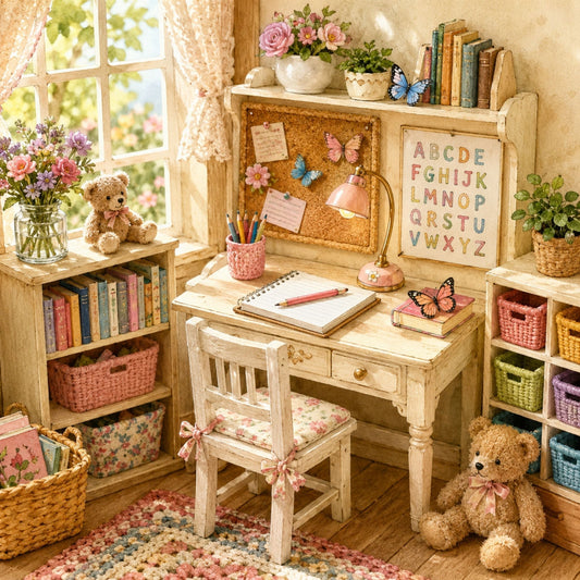 Beautifully organized doll study space with miniature desk, bookshelf, and school accessories.