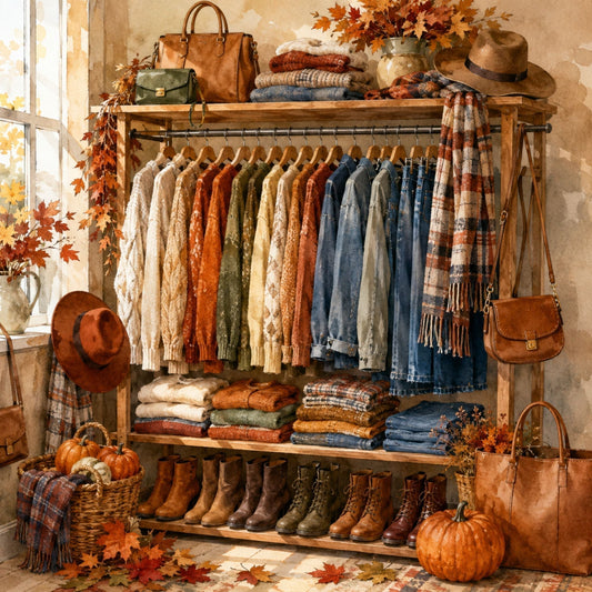 Beautifully organized fall wardrobe featuring cozy closet staples and seasonal accessories.