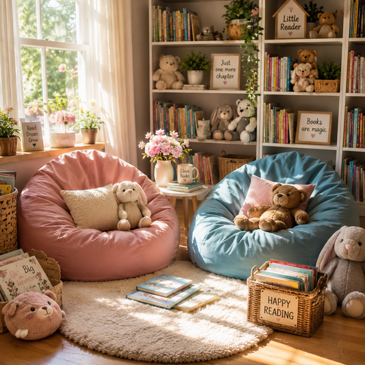 Cozy children's reading nook in sunlight with bean bags, bookshelves, books, pillows, and stuffed toys.