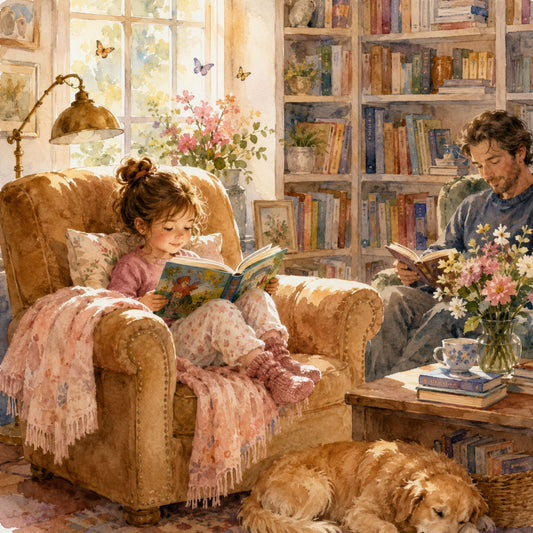 Child enjoying daily reading time in a cozy home reading nook.