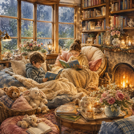 Children enjoying books together in a cozy living room while rain falls outside.
