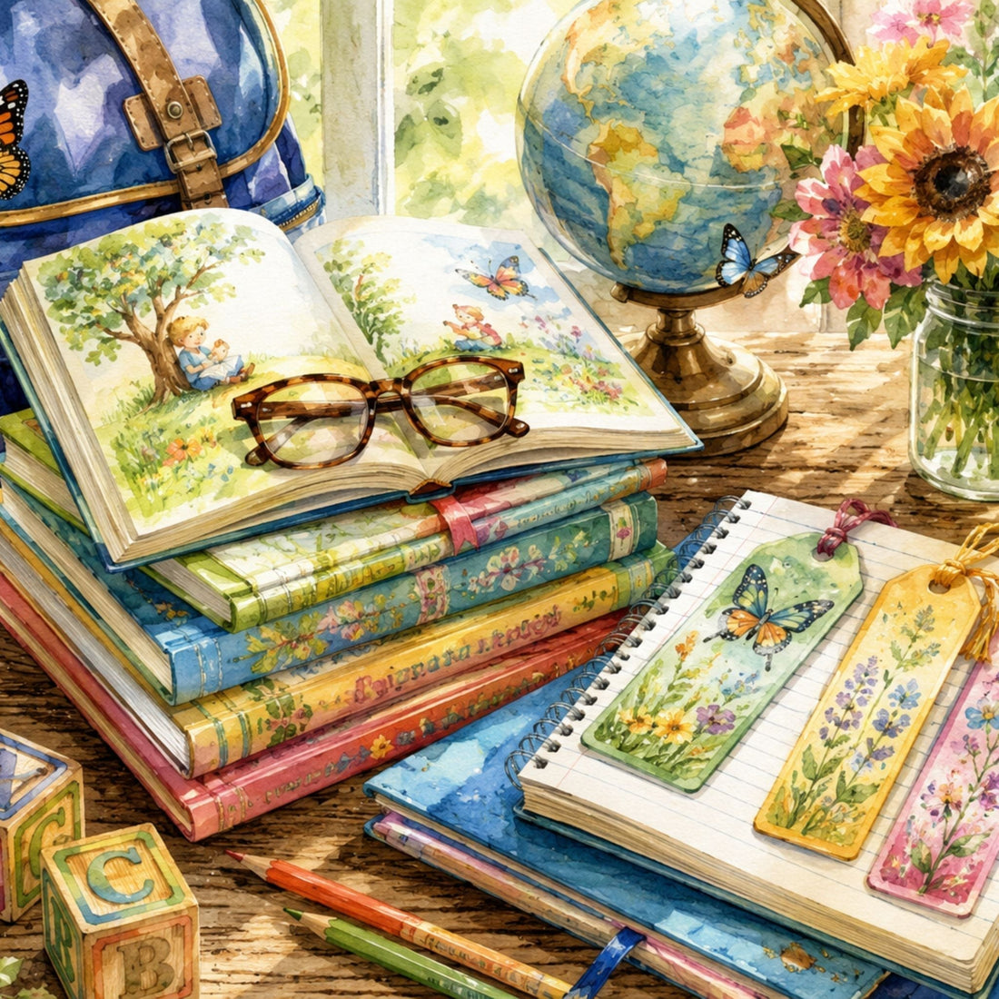 Children's books and school supplies arranged for back-to-school reading practice.