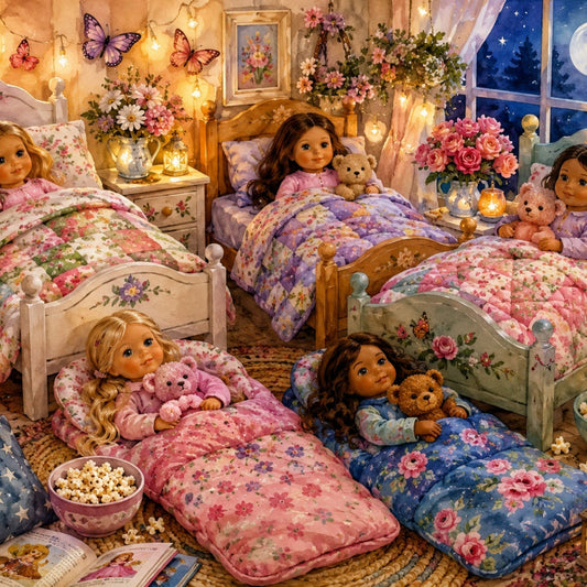 Children's doll sleepover scene with cozy handmade bedding, miniature accessories, fairy lights, and watercolor details.