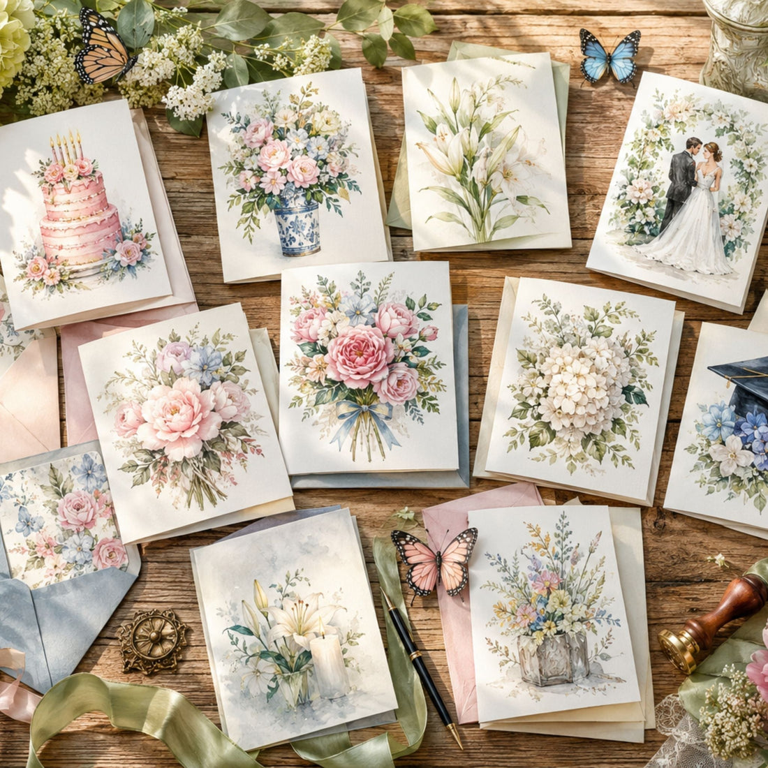 Collection of greeting cards for various occasions arranged on a wooden table with flowers and stationery.