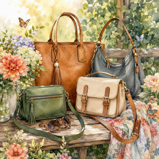 Collection of stylish everyday handbags displayed with flowers and accessories.