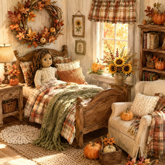 Cozy doll bedroom decorated with pumpkins, plaid bedding, and autumn décor.
