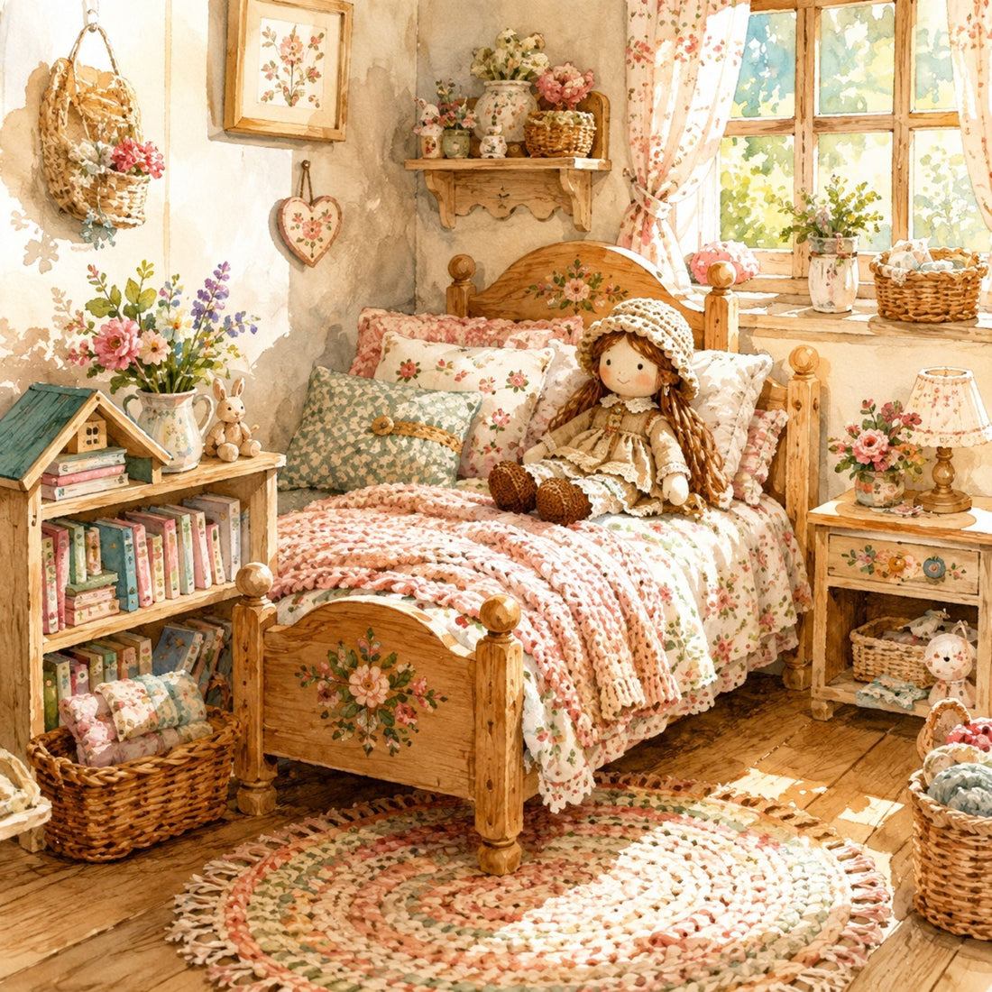 Cozy doll bedroom with handmade bedding, miniature furniture, and warm cottage décor.