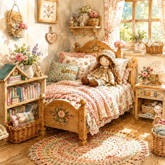 Cozy doll bedroom with handmade bedding, miniature furniture, and warm cottage décor.