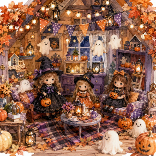 Doll Halloween party room decorated with pumpkins, fairy lights, and festive autumn decorations.
