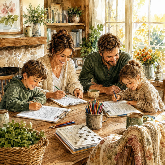Family enjoying printable puzzle books together around a cozy farmhouse table.