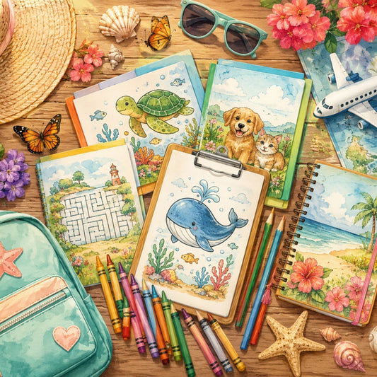 Family travel essentials with printable activity books, art supplies, and summer vacation accessories.