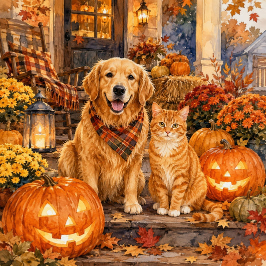 Golden retriever and cat enjoying a safe Halloween on a decorated autumn porch.