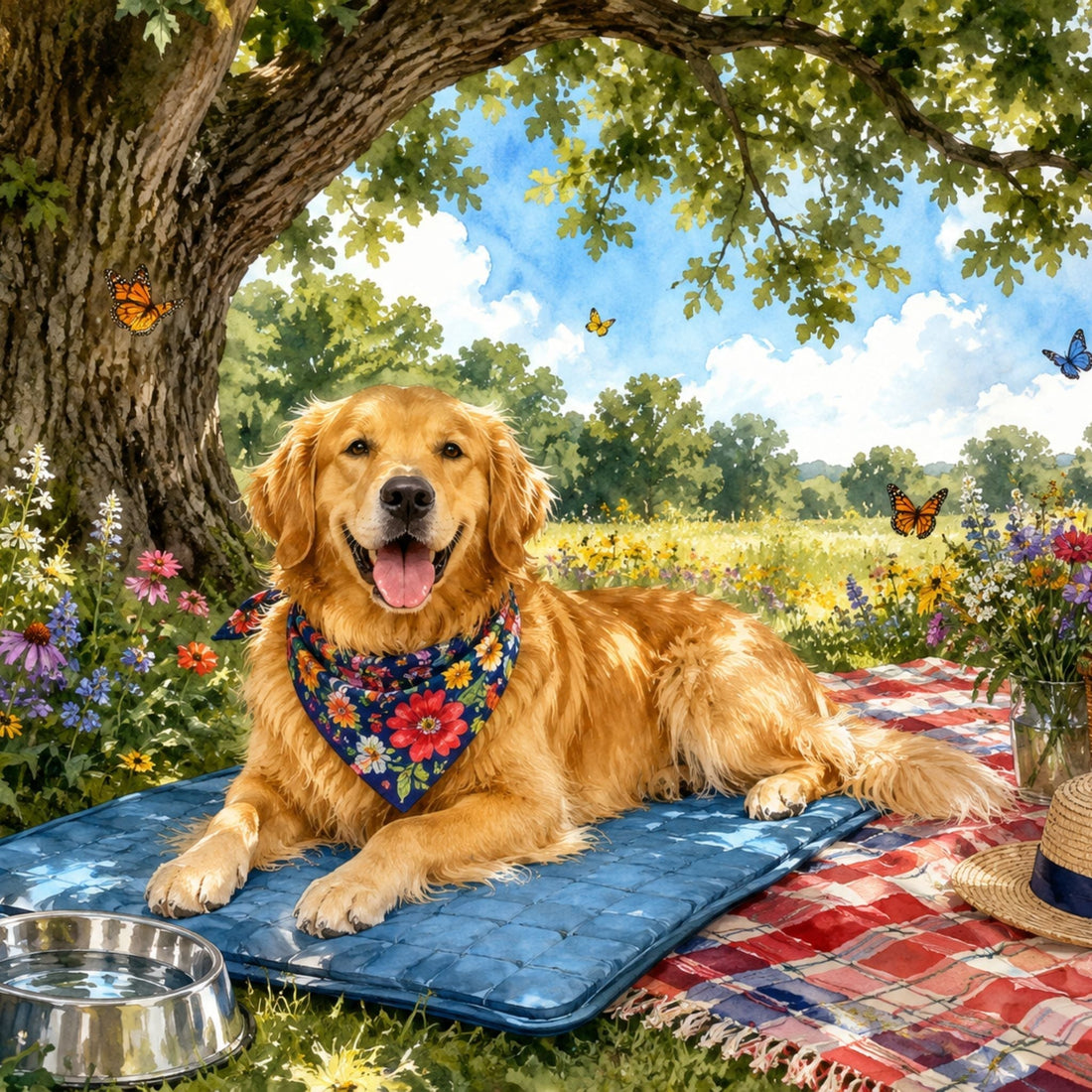 Golden retriever resting comfortably in the shade with water and cooling mat on a warm summer day.