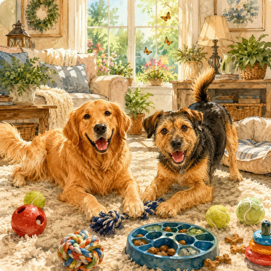 Happy dogs playing indoor games in a cozy living room.