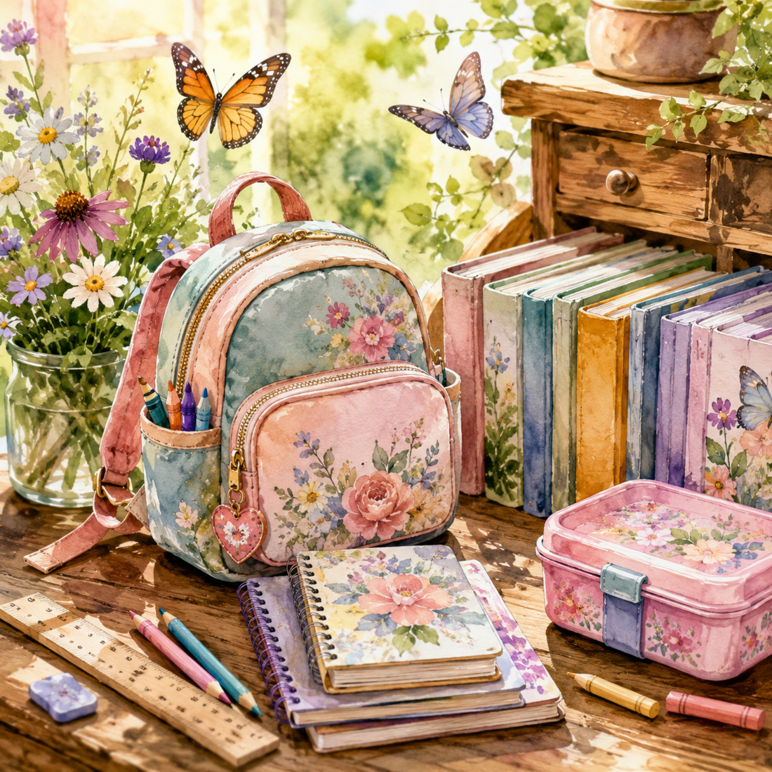 Miniature doll backpack with colorful school supplies on a wooden desk.