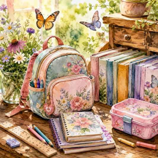 Miniature doll backpack with colorful school supplies on a wooden desk.