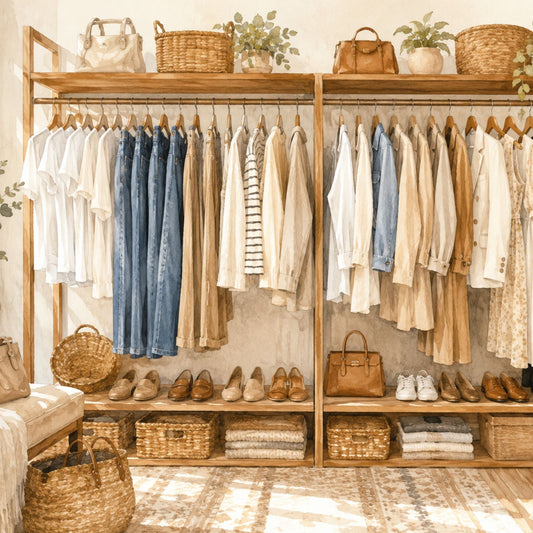 Organized capsule wardrobe featuring timeless wardrobe basics in neutral colors.