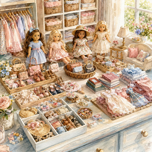 Organized doll accessories sorted into categories on a crafting table.