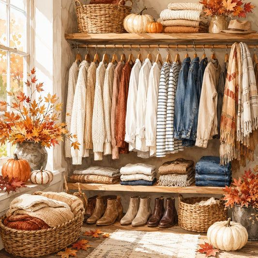 Organized fall wardrobe with neutral clothing essentials for layering.