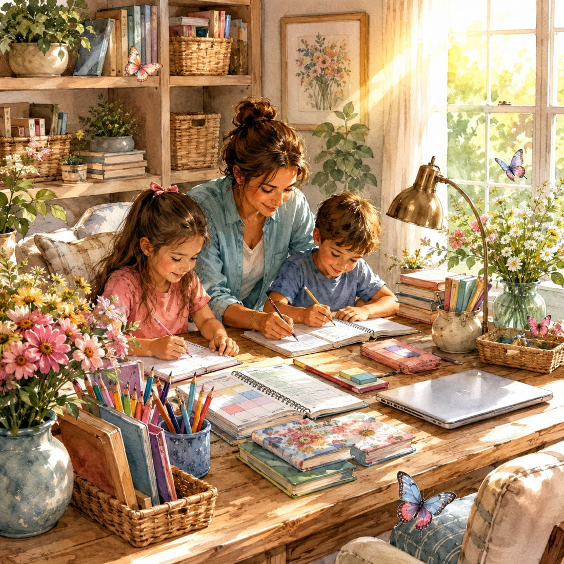 Parent helping children with homework at an organized family study table.
