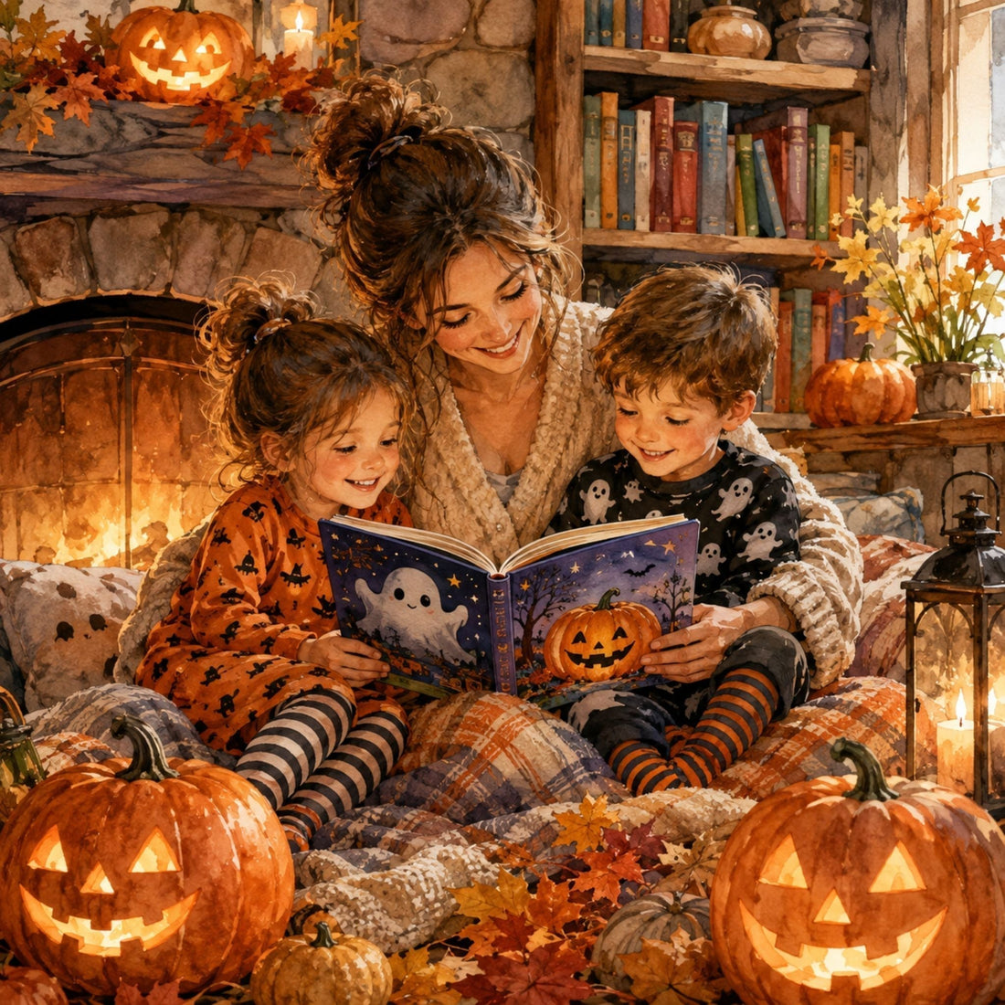 Parent reading a Halloween storybook with children in a cozy autumn reading nook.