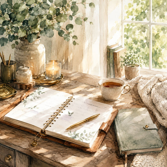 Peaceful daily planning workspace with planner, tea, candles, and cozy décor.