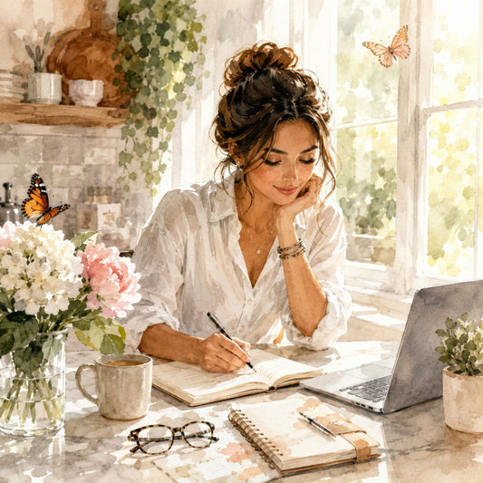 Woman organizing her thoughts in a journal during a peaceful morning routine.
