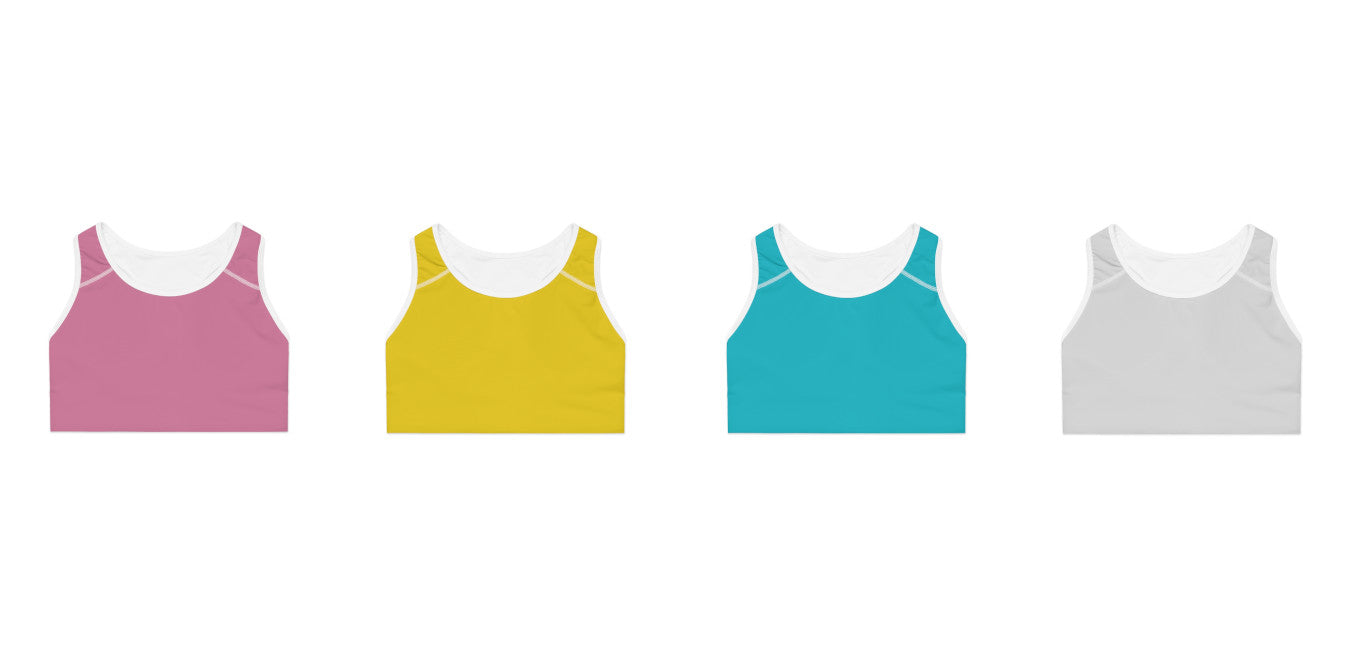 Candyfloss Pink, Sun Yellow, Turquoise Surf, and Arctic White Sports Bras