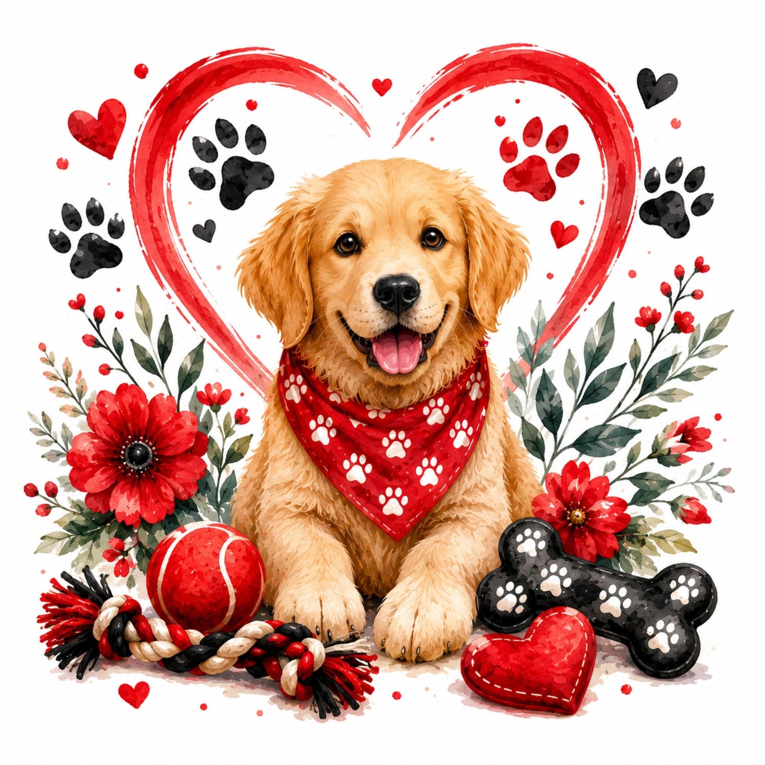 Watercolor illustration of a happy golden retriever wearing a red paw-print bandana, surrounded by red flowers, hearts, paw prints, a rope toy, tennis ball, and dog bone on a white background.