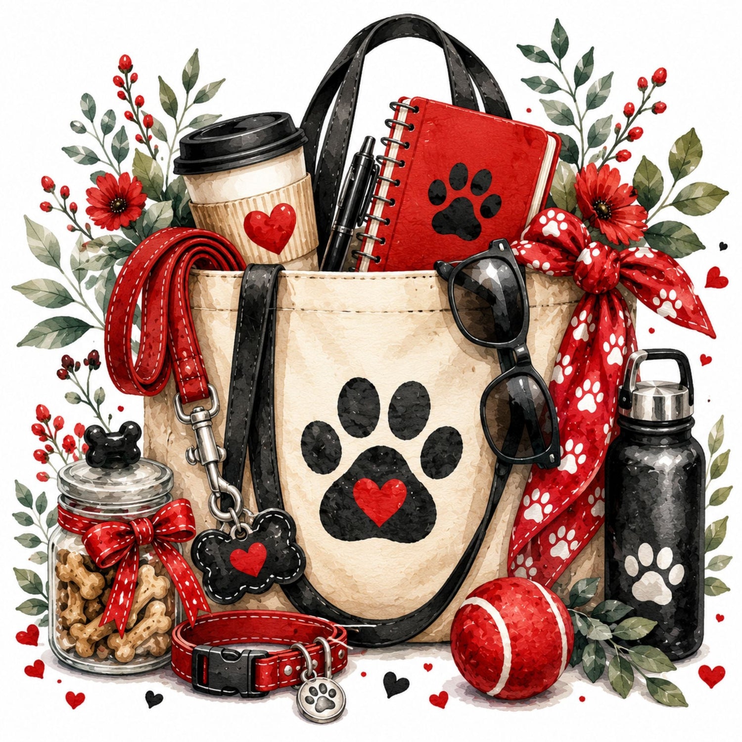 Watercolor illustration of a pet parent tote bag filled with a notebook, coffee cup, leash, treats, sunglasses, and water bottle, accented with red flowers, paw prints, hearts, and pet accessories on a white background.