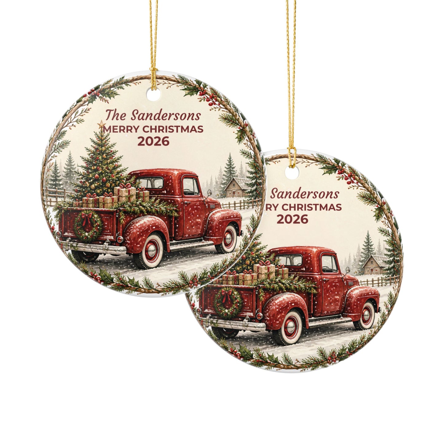 Personalized Ceramic Christmas Ornament — Vintage Red Truck "The Sandersons Merry Christmas"