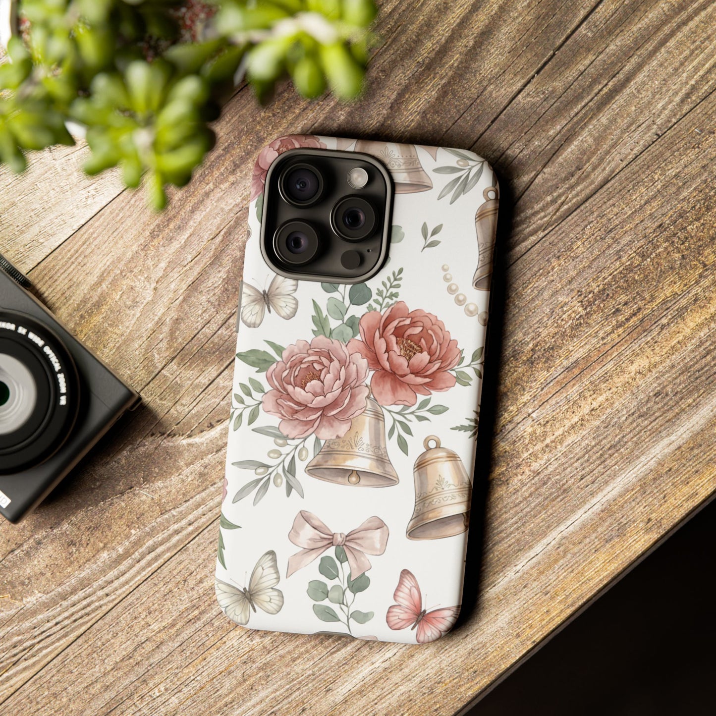 Floral Wedding Bells Phone Case — Vintage Roses, Butterflies & Bow Protective Tough Case