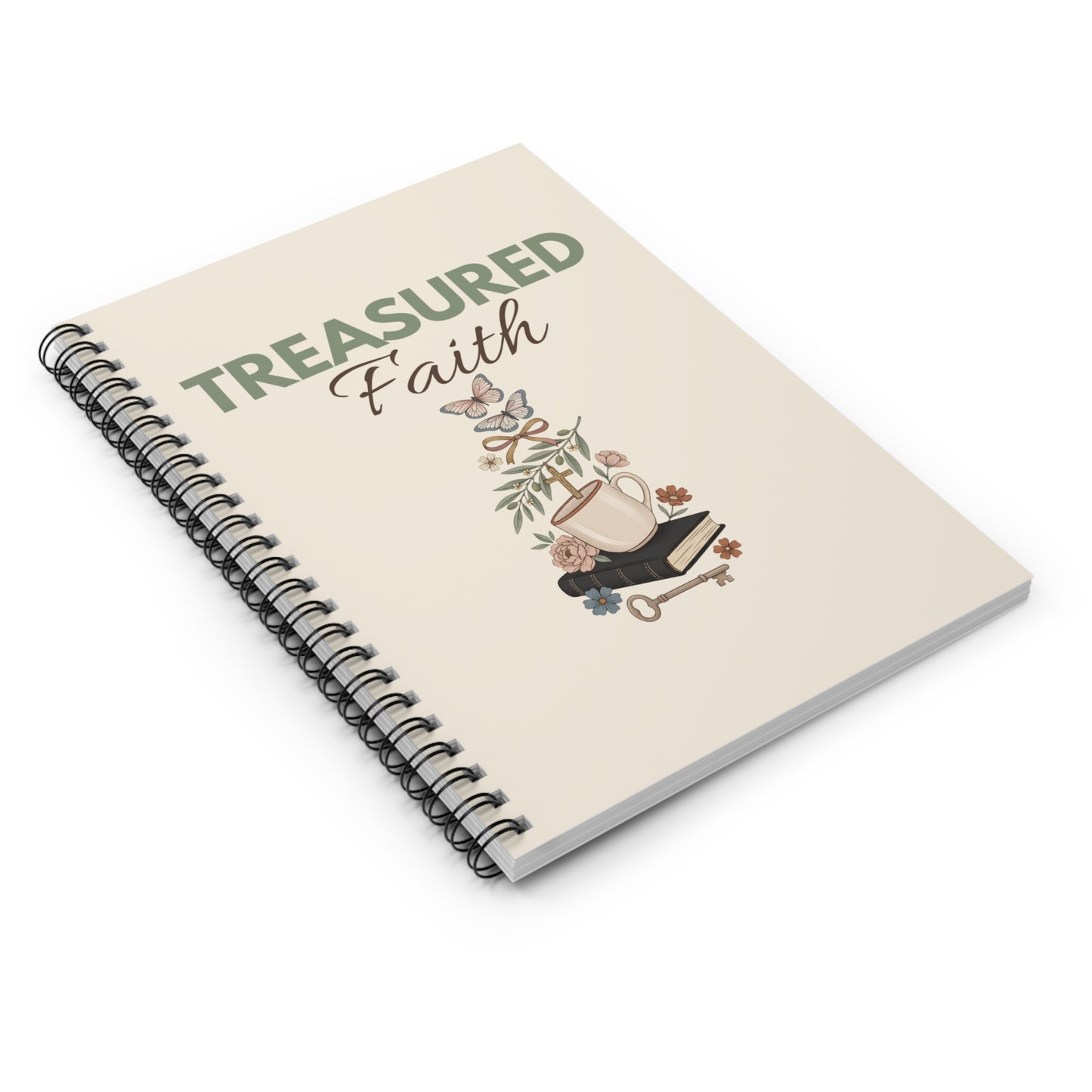 Treasured Faith Spiral Notebook — Christian Journal with Floral Cross & Scripture Motif