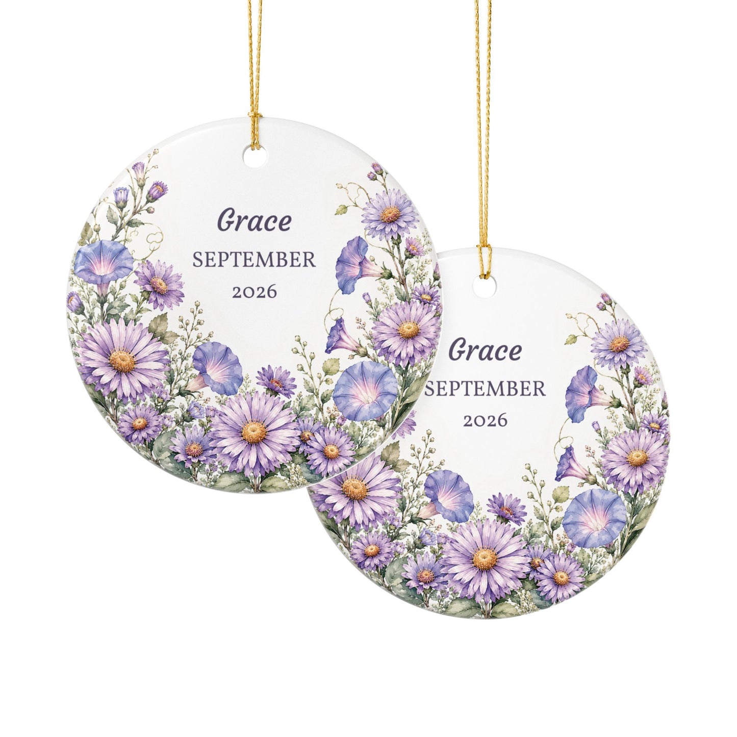 Personalized Ceramic Ornament — Purple Daisy Floral Birth/Memory Keepsake