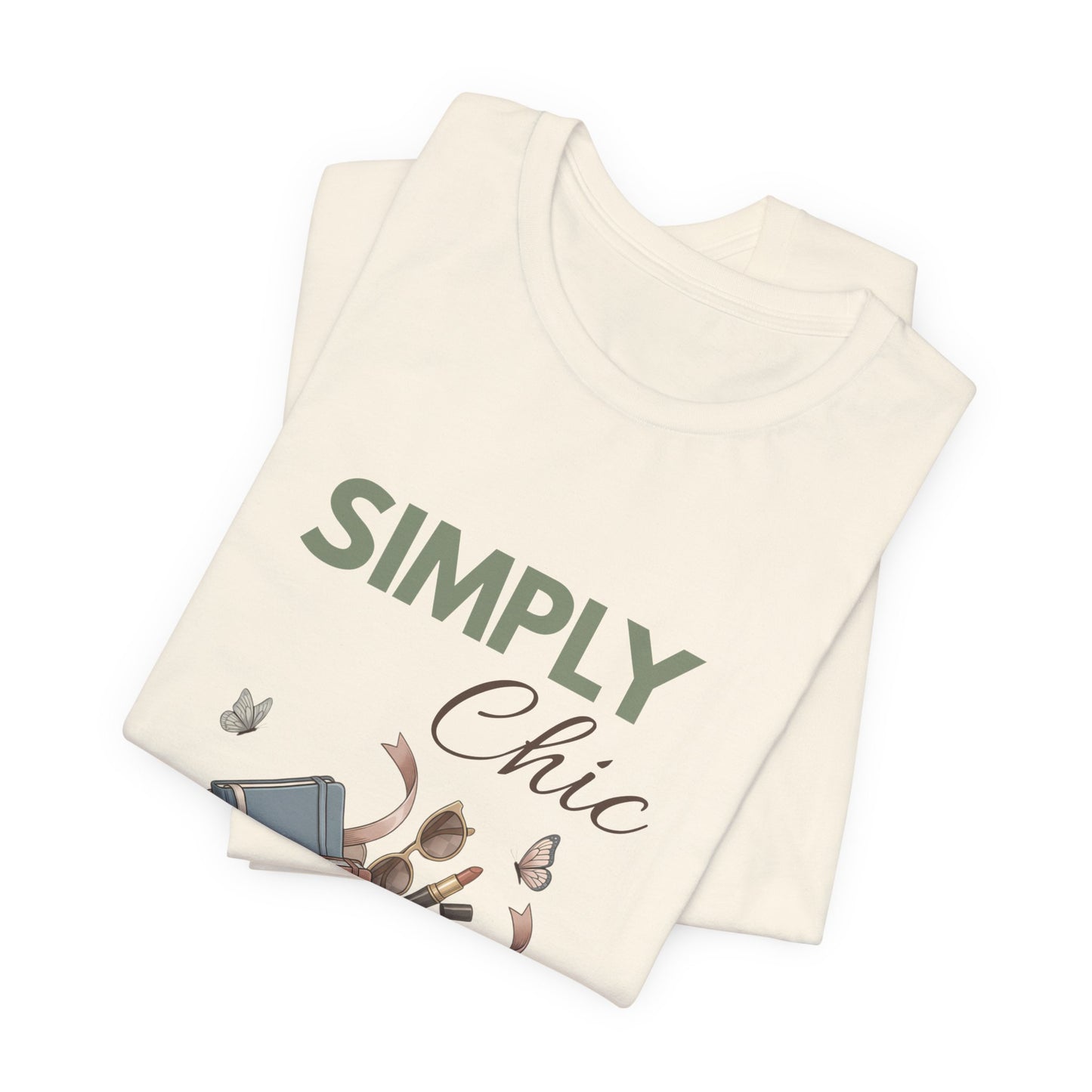 A folded t-shirt with 'SIMPLY Chic' on the front.