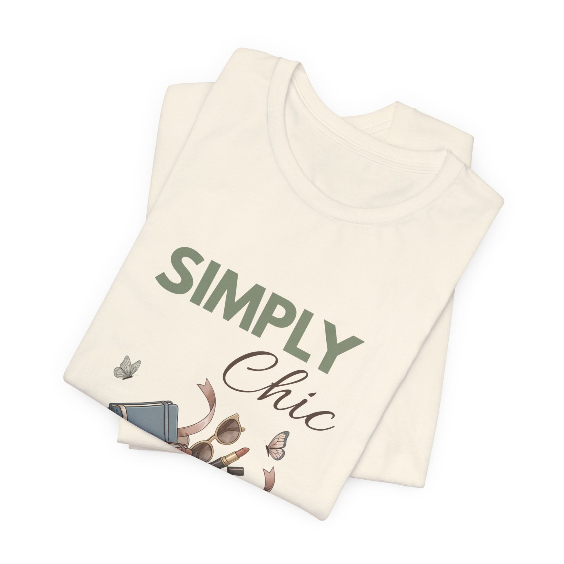 A folded t-shirt with 'SIMPLY Chic' on the front.